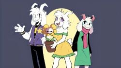 3boys :d ai_generated alternate_universe angel_derear annoyed asriel_dreemurr black_eyes black_pants black_sclera black_shirt breasts cleavage clothed deltarune dress female female_asriel flower flower_pot flowey_the_flower furry_female furry_male genderswap glasses goat_boy goat_ears goat_girl goat_horns goat_tail green_glasses green_robe happy holding_flower_pot irritated letterman_jacket looking_at_viewer male medium_breasts monster monster_boy monster_girl multiple_boys multiple_males multiple_monsters pants pink_horns pink_scarf pixai purple_eyes purple_jacket ralsei ralsei_with_white_fur robe rule_63 scarf simple_background smile square_crossover under(her)tail under_(her)_tail undertail undertale undertale_(series) white_fur white_pupils