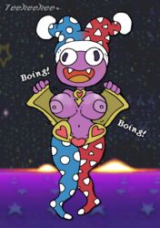 bobble bobblehat bouncing_breasts breasts fangs flashing hat heart jacket kirby_(series) laugh marx marx_(kirby) milky_way_wishes navel necklace nintendo nipples open_jacket plaguetyranno purple_skin space stockings text