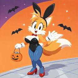 2_tails 5_fingers :d ai_generated bats big_breasts black_eyes black_leotard blue_pantyhose bowtie breasts bulma_(cosplay) bunnysuit classic_tails clothed clothed_female cosplay costume female fox_ears fox_girl genderswap_(mtf) halloween halloween_costume leotard looking_at_viewer miles_tails_prower pantyhose pixai playboy_bunny playboy_bunny_leotard red_bowtie red_heels rule_63 slim_waist solo sonic_(series) sonic_the_hedgehog_(series) tails_the_fox tailsko trick_or_treat trick_or_treat_bag two-tone_fur waving_at_viewer white_chest white_gloves yellow_fur