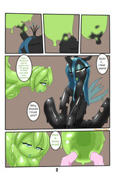 blebbing comic comic_page english_text friendship_is_magic goo goo_pony interspecies midori_gel my_little_pony nana_gel page_2 page_number queen_chrysalis_(mlp) slime smooth_skin