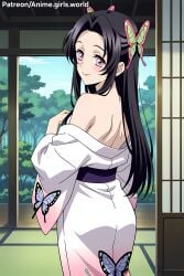 1female 1girls ai_generated black_hair butterfly_hair_ornament chest demon_slayer female female_only forest japanese_house kanae kimetsu_no_yaiba kimono kimono_down kimono_open kimono_partially_removed pink_eyes print_kimono seduction seductive seductive_body seductive_eyes seductive_look seductive_pose seductive_smile smile smiley_face smiling smiling_at_viewer tanami tree trees
