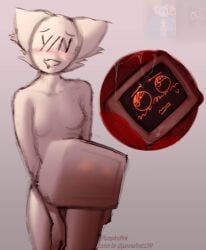 1boy 1boy1girl 1female 1girls anon anonymous_female blush bodily_fluids commission computer crack_pairing drooling emoji_cat female furry furry_female looking_at_viewer male object_vore plumpandpink radon radon_(radon_overlord) radon_overlord robot self_upload simple_background stomach_bulge vore vore_belly white_body x-ray y/n
