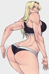 1girls absurdres ass bare_shoulders blonde-haired_female blonde_hair bubble_butt female female_focus female_only from_behind highres huge_ass jujutsu_kaisen limn044 looking_at_viewer panties parted_bangs rear_view red_eyes simple_background slap slapping slapping_ass slapping_butt slapping_own_ass solo solo_focus sports_bra standing teasing teasing_viewer teasing_with_butt teeth thick_thighs thighs toned toned_female underwear viewed_from_behind white_background yuki_tsukumo