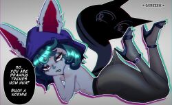 1girls 2d 2d_(artwork) blank_background dialogue female fishnet_stockings gerezek green-haired_female green_hair green_hair_female headwear high_heel_sandals high_heels league_of_legends looking_at_viewer pantyhose pinup reference tagme talking_to_viewer text text_bubble topless vex_(league_of_legends) yordle