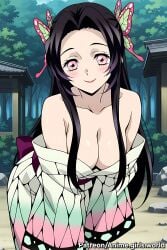 1female 1girls ai_generated black_hair butterfly_hair_ornament chest demon_slayer female female_only forest kanae kimetsu_no_yaiba kimono kimono_down kimono_open kimono_partially_removed pink_eyes print_kimono seduction seductive seductive_body seductive_eyes seductive_look seductive_pose seductive_smile smile smiley_face smiling smiling_at_viewer tree trees
