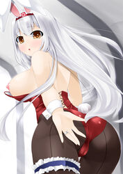 animal_ears ass back black_legwear bowtie breasts brown_eyes bunny_ears bunny_girl bunny_tail bunnysuit cameltoe cleavage detached_collar female from_behind from_below highres jewelry kantai_collection leotard long_hair looking_at_viewer looking_back marl35 nipples pantyhose ring shoukaku_(kantai_collection) silver_hair smile solo tail thigh_strap wardrobe_malfunction wedding_ring white_hair wrist_cuffs wristband