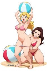 2girls ai_generated beach_ball bikini bikini_bottom bikini_pull bikini_top blonde_hair blonde_pubic_hair blue_eyes brown_hair earrings embarrassed embarrassed_nude_female exposed_pussy full_body genitals genitals_exposed long_hair nintendo pale_skin panties_down pauline princess_peach pubic_hair pubic_tuft pulling_down_panties pussy sand surprised_expression thick_thighs trimmed_pubic_hair vagina vulva white_background wide_hips