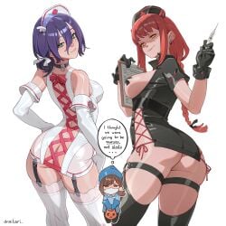 3girls alternate_costume ass backless_dress backless_outfit bare_shoulders black_choker black_dress black_gloves black_thighhighs blue_gloves blush braid braided_ponytail breastless_clothes breasts breasts_out brown_hair butt_crack chainsaw_man chibi chibi_inset choker clipboard closed_mouth criss-cross_back-straps cross cross-laced_clothes cross-laced_dress cross_pasties demon_horns dnaitari dress earrings elbow_gloves english_text female from_behind garter_straps gloves green_eyes grenade_pin hair_between_eyes hair_bun hair_ornament hair_ribbon hairclip half-closed_eyes halloween_bucket halloween_costume hat higashiyama_kobeni highres holding holding_clipboard holding_syringe horns jewelry long_hair long_hair_between_eyes looking_at_viewer looking_back makima_(chainsaw_man) mask mouth_mask multiple_females multiple_girls no_panties nurse nurse_cap pasties ponytail purple_hair red_hair reze_(chainsaw_man) ribbon ringed_eyes short_hair short_ponytail short_sleeves side-tie_dress sideless_outfit single_braid single_hair_bun sleeveless smile solo speech_bubble standing striped_clothes striped_thighhighs surgical_mask syringe tape tape_on_nipples thigh_strap thighhighs thought_bubble vertical-striped_clothes vertical-striped_thighhighs white_dress white_gloves white_mask white_thighhighs yellow_eyes