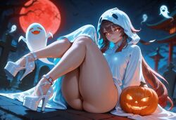1girls ai_generated brown_hair costume female genshin_impact ghost ghost_costume ghost_girl hair halloween halloween_costume halloween_decoration halloween_pumpkin halloween_theme hu_tao_(genshin_impact) light-skinned_female light_skin long_hair moon night pumpkin red_moon solo solo_female