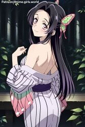 1female 1girls ai_generated black_hair butterfly_hair_ornament chest demon_slayer female female_only forest kanae kimetsu_no_yaiba kimono kimono_down kimono_open kimono_partially_removed pink_eyes print_kimono seduction seductive seductive_body seductive_eyes seductive_look seductive_pose seductive_smile smile smiley_face smiling smiling_at_viewer tree trees