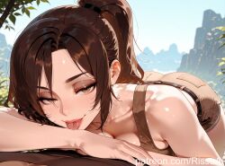 1girls ai_generated big_ass big_breasts breasts brown_bra brown_eyes brown_hair brown_shorts female female_only hand_support lara_croft lara_croft_(survivor) large_ass looking_at_viewer looking_sexy makeup open_mouth ponytail rissuai sexy solo tomb_raider tomb_raider_(survivor) tongue_out