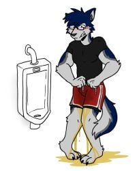 accident anthro athletic_wear bathroom blue_body blue_eyes blue_fur blush bodily_fluids bottomwear bulge canid canine canis clenched_teeth clothing compression_shirt drawstring drawstring_bottomwear embarrassed eyewear fur genital_fluids glasses glasses_askew grey_body grey_fur gym_bottomwear gym_shirt gym_shorts gym_topwear humiliation kvasir_(bluestarch) male mammal omorashi paws peeing public public_humiliation public_restroom red_clothing shirt shorts solo spikedcollar_(artist) tail teeth topwear urinal urine urine_on_leg urine_on_paw urine_pool wearing_glasses wet wetting wetting_bottomwear wolf