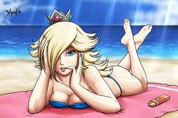 1girls aqua_eyes ass barefoot beach bikini blonde_hair cleavage crown feet female female_only human lipstick looking_at_viewer mario_(series) nintendo princess_rosalina radprofile smile solo tagme thong