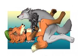 2015 anthro blush canine closed_eyes collar couple duo female fox fur happy happy_sex kantachibli lying male mammal missionary_position nude on_back saliva sex straight tattoo tongue tongue_out wolf