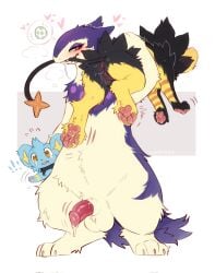 anthro balls biped black_body black_fur black_tail blue_body blue_fur bodily_fluids erection female feral fur generation_4_pokemon generation_8_pokemon genital_fluids genitals group hi_res hisuian_form hisuian_typhlosion luxray male male_pokemon multicolored_body multicolored_fur nintendo pawpads penis pokémon_(species) pokemon pokemon_(species) precum pupils purple_body purple_fur quadruped red_eyes regional_form_(pokemon) shinx shiny_pokemon swaybat tail trio white_body white_fur yellow_body yellow_eyes yellow_fur