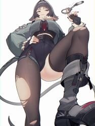 1girls black_gloves black_hair black_shorts black_thighhighs blunt_bangs commentary distr english_commentary female fingerless_gloves gloves grey_eyes grey_jacket hair_intakes hand_up highres jacket jane_doe_(zenless_zone_zero) long_sleeves midriff nail_polish pantyhose red_nails shorts simple_background single_leg_pantyhose single_thighhigh solo tail thighhighs thighs torn_clothes torn_pantyhose white_background zenless_zone_zero