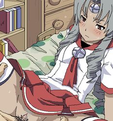 1boy bed blush character_request clothed_sex copyright_request female grey_hair long_hair male oekaki penis pubic_hair pussy red_eyes sex solo_focus spread_legs straight sweat tomu_(tomubobu) tomubobu uncensored