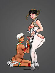 armlet arteria asian ass backless big_ass big_penis black_hair blue_eyes bodysuit bracelet breasts capcom chun-li condom condom_filling cum cum_drip cum_in_condom cum_inside cumdrip dark-skinned_female dark_skin dickgirl double_bun ear_piercing earring earrings elena_(street_fighter) erection female fingernails futa_with_female futa_with_futa futanari hair_bun high_heels human interracial intersex large_ass large_penis leotard light_skin medium_breasts nail_polish necklace nipple_piercing nipple_ring nipples outfit penis piercing redbone shirt short_hair sitting small_breasts standing street_fighter string suit thigh_strap trousers veiny_penis white_hair