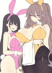 2girls absurdres animal_ears arm_under_breasts black_pantyhose blunt_bangs blush bow bowtie breast_press breasts brown_eyes brown_hair closed_mouth commentary_request detached_collar fake_animal_ears female fishnet_pantyhose fishnets hair_between_eyes hair_ornament height_difference highres large_breasts leotard long_hair looking_at_viewer medium_breasts mole mole_on_breast multiple_females multiple_girls open_mouth orange_bow orange_bowtie orange_leotard original pantyhose pink_bow pink_bowtie pink_leotard playboy_bunny rabbit_ears rabbit_tail sasakura_momiji sidelocks simple_background sketch smile standing tail towel white_background wrist_cuffs