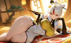 ai_generated arm_gloves breasts female genshin_impact huge_thighs large_thighs long_hair mature_female medium_breasts ningguang_(genshin_impact) on_side pipe red_eyes sfw slombert thick_thighs thin_waist yellow_clothing