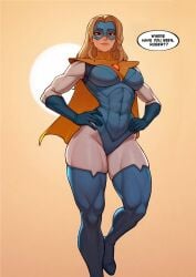 1girls 2d big_breasts big_thighs blonde_blazer blonde_hair blue_eyes boots breasts cape clothed clothed_female color curvaceous curvy curvy_figure dialogue digital_media_(artwork) dispatch_(game) english_text female female_only floating hands_on_hips huge_breasts huge_thighs invincible_110 leotard light-skinned_female light_skin long_hair masked masked_female non-nude redteneri slim_waist solo solo_female speech_bubble superhero_costume superheroine text text_bubble thick_thighs thigh_boots wide_hips wide_thighs