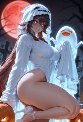 1girls ai_generated big_breasts breasts brown_hair costume female genshin_impact ghost ghost_costume ghost_girl hair halloween halloween_costume halloween_decoration halloween_pumpkin halloween_theme hu_tao_(genshin_impact) light-skinned_female light_skin long_hair moon night pumpkin red_moon solo solo_female