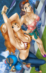 1boy 2girls anthro antlers artist_request ass_cleavage bikini_bra bikini_top blue_eyes breasts busty butt_crack cleavage erect_nipples female glasses high_heels jeans male nami nico_robin nipples one_piece open_toe_shoes orange_eyes orange_hair post-timeskip purple_hair reindeer sea tony_tony_chopper voluptuous