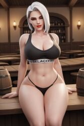 ai_generated ashe_(overwatch) big_ass big_breasts black_bra black_thong blacked blacked_clothing breasts female overwatch red_eyes table tavern white_hair white_skin wink