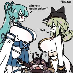 3girls ahoge an_sin araga_kiwi bangs big_breasts black_hair black_nails blue_hair blush breast_press breasts bridal_gauntlets buns cute_fang elbow_gloves female female_only gloves gushing_over_magical_girls hair hair_bun hair_ornament hairbow hiiragi_utena hips huge_boobs huge_breasts huge_thighs inconvenient_breasts leopard_(mahou_shoujo_ni_akogarete) long_hair magia_azul magia_baiser mahou_shoujo_ni_akogarete meme_reference minakami_sayo nail_polish one_eye_closed painted_nails red_eyes saliva skindentation sleeves_past_fingers sleeves_past_wrists spiral_eyes star_pasties thighhighs thighs thong twitter_trend unaligned_breasts yellow_eyes yuri