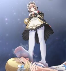 2girls absurdres black_bow black_dress black_sleeves blonde_hair blue_eyes bow breasts brown_hair closed_mouth detached_sleeves dress female flower foot_on_another's_face foot_on_chest foreshortening frilled_sleeves frills from_below full_body genshin_impact gloves gold_trim grey_background hair_flower hair_ornament hairbow hand_on_own_hip highres licking licking_foot light_particles looking_down lumine_(genshin_impact) lying multicolored_dress multiple_females multiple_girls no_shoes on_back pantyhose pleated_dress pointing pointing_down sandrone_(genshin_impact) see-through_pantyhose short_hair smell soles standing stepped_on toes tongue tongue_out trample user_daph4523 wet wet_clothes white_dress white_flower white_gloves white_headdress white_pantyhose wide_sleeves yellow_eyes yuri