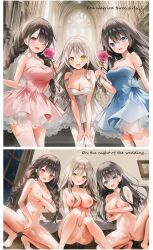 3girls :d ;d ai_generated areolae bare_shoulders bed bedroom bent_over black_hair blue_eyes blush bow braid breasts cathedral cleavage collarbone completely_nude covering_own_breasts description female female_masturbation fingering flower from_below hair_between_eyes hair_ribbon hands_on_own_thighs highres holding_flower horny horny_female imminent_sex indoors large_breasts long_hair looking_at_viewer medium_breasts navel necklace night nipples nude open_mouth original original_characters pantyhose pink_eyes pussy pussy_juice_drip pussy_juice_dripping see-through spread_legs squatting strapless sweat thighhighs thighs uncensored wedding wedding_dress white_hair white_pantyhose white_thighhighs window yellow_eyes