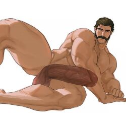 bara beard big_cock big_dick big_penis brown_hair daddy dilf dispatch_(game) huge_cock laying_down looking_at_viewer male male_only moustache muscular mustache penis phenomaman yaoi