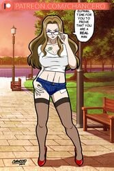 big_breasts brown_eyes brown_hair chancero cleavage daisy_dukes evergreen_(fairy_tail) fairy_tail glasses hand_on_hip high_heels stockings