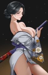 absurdres breasts brown_eyes curvy female from_side gradient_background hair_bun highres indy_k japanese_clothes katana kimono large_breasts lips off_shoulder original panties short_hair solo standing sword thick_thighs thighs underwear weapon