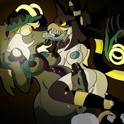absurd_res anthro anus avian black_sclera bodily_fluids breasts clothing dominant dominant_female drooling erection extreme_french_kiss female floating_hands forced forced_kiss french_kissing futanari genitals hi_res intersex intersex/female interspecies kissing leg_grab long_tongue machine masturbation nevrean oral penis pussy reptile robot saliva scalie shizameakanzatsu tongue torn_clothing vulva yan_(shizameakanzatsu)