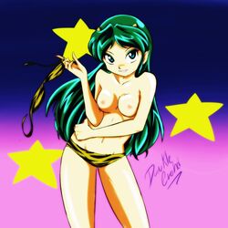 1girls 2012 bikini blue_eyes breasts erohd female green_hair horns humanoid large_breasts light-skinned_female light_skin long_hair lum nipples oni pointy_ears princess rhaz solo tagme tiger_print topless undressing urusei_yatsura