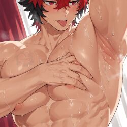 ai_generated armpits bara big_breasts big_moobs big_pecs big_pectorals breasts dog_boy dog_ears dog_tail gay hyper_breasts hyper_moobs komano_manato male male_only moobs_bigger_than_head muscular muscular_male scent sniffing sniffing_armpit solo sweat sweatdrop sweating temptation tongue_out ventvert4 voluptuous voluptuous_male yaoi zenless_zone_zero