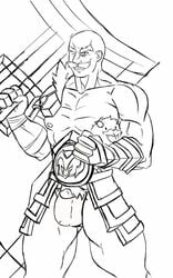 bald braum facial_hair flaccid human league_of_legends male male_only monochrome muscular poro_(league_of_legends) riot_games simple_background solo topless uncensored white_background