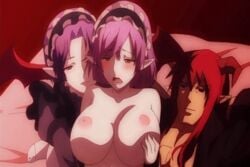 2girls animated bisexual bouncing_breasts breast_grab breast_squeeze breasts breasts_out censored cleavage demonion demonion_~maou_no_chika_yousai~ erect_nipples female huge_breasts miska_(demonion) nipples sex threesome