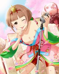 areolae bare_shoulders breasts breasts_out brown_eyes brown_hair edited female hair_ornament idolmaster kitami_yuzu looking_at_viewer medium_breasts nipples nude nude_filter one_eye_closed open_clothes photoshop short_hair solo standing tongue tongue_out