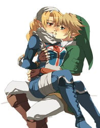 1boy 1girls blonde_hair blue_eyes breast_grab breasts clothed duo female fingerless_gloves hylian link link_(twilight_princess) male muse_(rainforest) nintendo ocarina_of_time pointy_ears red_eyes sheik sheikah sitting straight the_legend_of_zelda tied_hair white_background