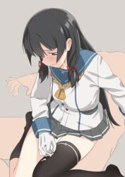 1boy after_sex asymmetrical_legwear black_hair blush cum cum_on_clothes female gloves hair_ribbon isokaze_(kantai_collection) kantai_collection looking_down male ningen_(ningen96) payot red_eyes ribbon school_uniform serafuku single_sock single_thighhigh skirt socks straight thighhighs white_gloves