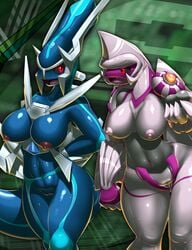 2girls abs anthro anthrofied areola arms_behind_back big_breasts blue_skin breasts curvy dialga duo elpatrixf erect_nipples fangs female female_only game_freak grey_skin highres huge_breasts legendary_duo legendary_pokemon multiple_girls navel nintendo nipples open_mouth palkia pokemon pokemon_(species) pokemon_dppt pokephilia pussy red_eyes shiny shiny_skin standing thick_thighs tits uncensored