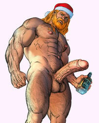 1boy abs balls ballsack bara beard big_penis erection facial_hair foreskin foreskin_folds giant green_eyes hairy_balls human intact logan_(artist) long_hair_male macro male male_nipples male_only male_pubic_hair manly mature_male muscles muscular_male mustache nude_male orange_hair pecs penis pinup retracted_foreskin santa_hat scrotum solo testicles uncut veiny_penis whiskey whiskey_bottle