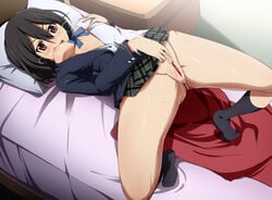 bed black_hair black_socks breast_grab brown_eyes fingering inaba_himeko kokoro_connect masturbation short_hair uncensored