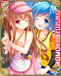 2girls asahina_momoko bare_shoulders blue_eyes blue_hair blush breasts brown_hair edited female girlfriend_(kari) hat hazuki_yuzuko long_hair multiple_girls nipples nude nude_filter open_mouth photoshop pink_eyes ribbon shirt short_hair text tie topless wink yuri