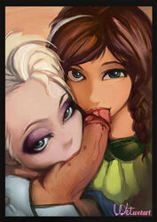 1boy 2girls anna_(frozen) blonde_hair blue_eyes braid brown_hair collaborative_fellatio disney elsa_(frozen) eyeshadow faceless_male fellatio female frozen_(film) human licking looking_at_viewer male male_pov multiple_fellatio oral penis pov sisters straight teamwork threesome tongue wetwetart