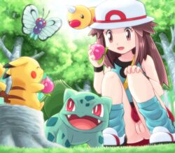 1boy 1girls ^_^ ambiguous_gender berry bottomless brown_eyes brown_hair bulbasaur butterfree closed_eyes eating fangs female grass hat human human_only innie_pussy leaf_(pokemon) long_hair loose_socks nintendo no_panties open_mouth pikachu pokémon_(species) pokemoa pokemon pokemon_rgby pussy red_eyes sitting soara socks squatting tree tree_stump weedle wristband