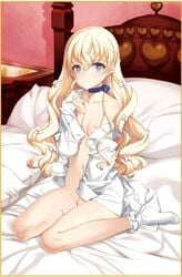 arthur_(eiyuu_senki) bed blonde_hair blue_eyes eiyuu_senki eiyuu_senki_gold heart-shaped_pupils long_hair looking_at_viewer on_bed ooyari_ashito small_breasts smile socks