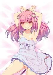 amashoku arms_up blush bondage bondage bound_wrists cum cum_in_pussy demon_girl demon_horns demon_tail female horns long_hair lying nipples on_back original pink_hair pointy_ears pussy red_eyes rope small_breasts smile solo tail uncensored